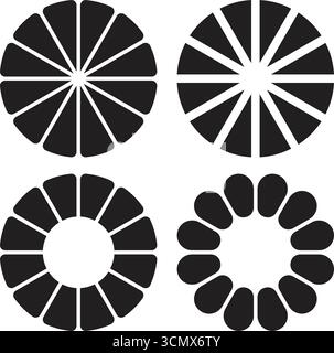 Ein grafisches Design mit vier unterschiedlichen geometrischen Kreismustern, die an stilisierte Fruchtscheiben und Samenarrangements erinnern. Diese abstrakten Formen Stock Vektor