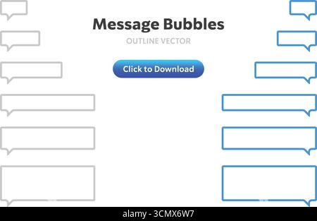 Sammlung verschiedener Formen und Größen von Nachrichtenblasen mit einer glänzenden Schaltfläche, ideal für die Darstellung von Unterhaltungen, Chat-Schnittstellen und Benutzerinteraktionen Stock Vektor