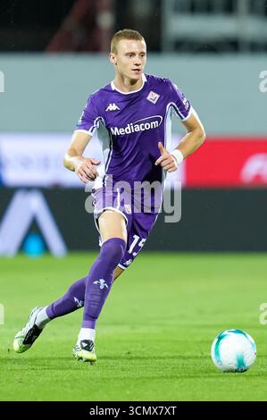 Pietro Comuzzo von ACF Fiorentina im Spiel der Serie A zwischen ACF Fiorentina und SSC Napoli im Stadio Artemio Franchi Florenz Italien am 13. September 2025. Stockfoto