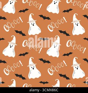 Halloween-Muster in Orange mit süßem weißem Geister-BOOO und dunkler Fledermaus-Silhouette. Vektorabbildung Stock Vektor