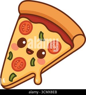Kawaii-Illustration einer lächelnden Pizzascheibe mit Käse und Gemüse Stock Vektor