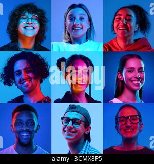 Collage verschiedener junger Menschen, die unter Neonlicht auf blauem Hintergrund lächeln Stockfoto