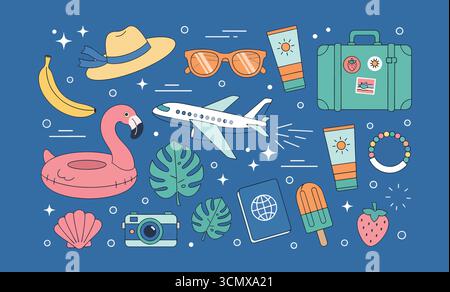 Sommer-Aufkleber-Set. Tropenurlaub am Strand Scrapbooking Sammlung. Flugzeug, Ticket, Sonnencreme und andere Reiseelemente. Modernes Zeichentrickkonzept. V Stock Vektor