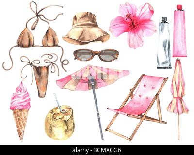 Eine Reihe von Aquarellelementen mit Sommerstrandmotiv. Handgezeichnet auf weißem Hintergrund. Badesachen, Liegestühle, Sonnenschirm, Sonnenbrille und ein Stockfoto