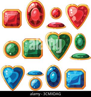 Farbenfrohe Comic Vektor-Edelsteine mit goldenen Einstellungen, glänzenden Highlights und kräftigen Konturen auf weiß. Stock Vektor