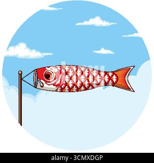 Traditionelle japanische rote Karpfenwindsocke auf Pole, Vektorillustration, klarer Himmel, flacher Stil Stock Vektor