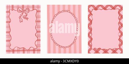 Dekorative Rahmen in Retro-Pink und Rot mit Schleife, Muschelmuster und Karomuster. Handgezeichnete Hintergründe für Weihnachtskarten, Valentinsmeldungen, Hochzeit Stock Vektor