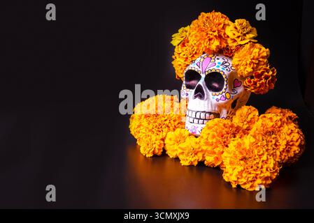 Dekorierter Schädel für die Feierlichkeiten zum Tag der Toten mit Cempasuchil Ringelblumen auf schwarzem Hintergrund, Kopierraum. Mexikanischer Dia de Los Muertos minimal Stockfoto