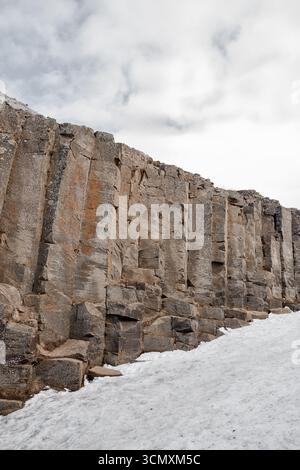 Ein malerischer Blick auf den Studlagil Canyon in Island mit Basaltsäulen Stockfoto