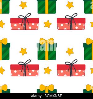 Einfaches nahtloses Muster mit bunten Geschenkboxen mit Schleifen und gelben Sternen. Perfekt zum Einpacken von Papier, Grußkarten, Schreibwaren, scra Stock Vektor