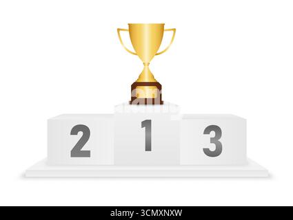 Goldener Trophy Cup auf Podestal Sport Podiums oder Podium Sieger Stand. Vektorillustration isoliert auf weißem Hintergrund. Stock Vektor