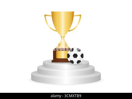 Trophäenpokal und Fußball oder Fußball auf dem Podium. Erfolgreiches Konzept. Vektorabbildung. Stock Vektor