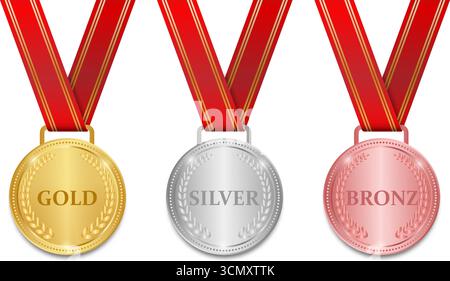 Medaille. Gold-, Silber- und Bronzemedaillen mit rotem Band. Sportgewinner-Medaille. Champion und Siegerkonzept. Vektorabbildung. Stock Vektor
