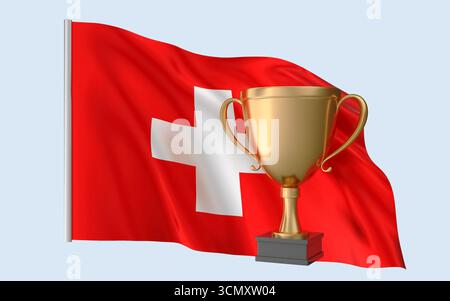 Erfolg Der Trophäe Mit Der Flagge Der Schweiz. Hochwertiges, realistisches 3D-Rendering, das nationale Identität, Kultur, Stolz und weltweite Anerkennung repräsentiert. Stockfoto