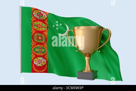 Turkmenistan Flag Trophäe Erfolg. Hochwertiges, realistisches 3D-Rendering, das nationale Identität, Kultur, Stolz und weltweite Anerkennung repräsentiert. Stockfoto