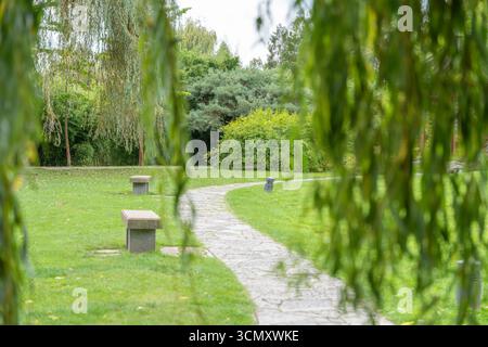 Durch Weidenäste führt ein gewundener Weg zu Bänken in einem ruhigen Park. Das Grün bildet einen Rahmen um den ruhigen Blick auf den Garten. Stockfoto