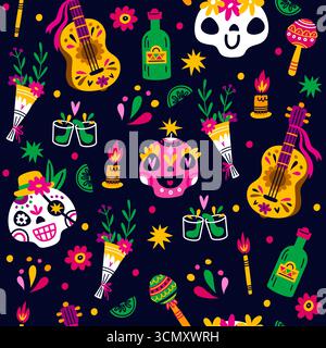 Mexikanische Symbole für das nahtlose Muster „Day of Dead“. Muertos Skelettschädel. Gitarre und Maracas. Tequila-Flasche. Blumenstrauß. Wiederholter Schwarzweißdruck. C Stock Vektor