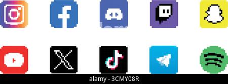 Satz des Pixelstils. Schaltfläche für Social-Media-Symbole. Social-Media-Logo. Instagram, Facebook, X, WhatsApp, YouTube Stock Vektor