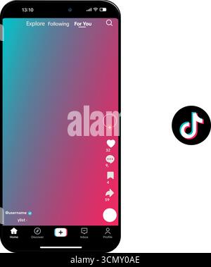 Tik Tok Screen-Benutzeroberfläche und Tik Tok-Symbole in Social Media-Anwendungen. Stock Vektor