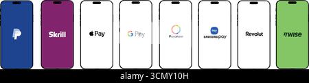 WebVector Illustration von beliebten Online-Zahlungsdiensten und digitalen Geldbörsen, einschließlich PayPal, Apple Pay, Google Pay, Skrill, Payoneer, Samsung Pay Stock Vektor
