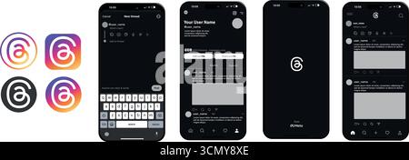 Vektordarstellung der Benutzeroberfläche der mobilen Threads-App im Dunkelmodus. Enthält Profil Stock Vektor