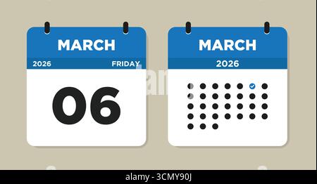März 2026 Freitag Kalender Vektor Illustration. Kalenderseite für den 6. März. Tageskalender mit Datum 6. März. Checkliste Tageskalender. Die Woche beginnt am Sonntag Stock Vektor