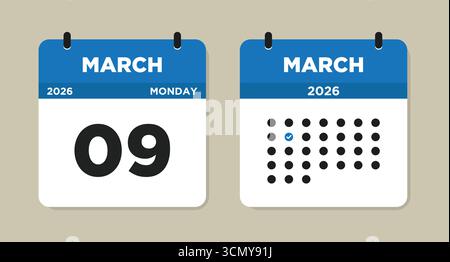 March 9 2026 Monday Calendar Vector Illustration. 9 March calendar page. Day calendar with date March 9. Week Starts on Sunday. Checklist day calendar Stock Vektor