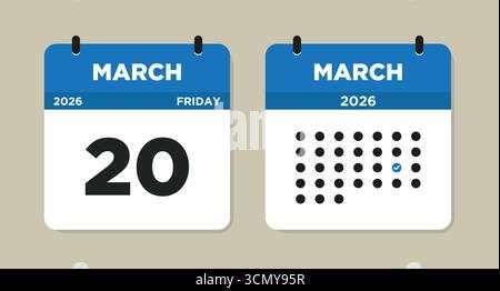 März 2026 Freitag Kalender Vektor Illustration. Kalenderseite für den 20. März. Tageskalender mit Datum 20. März. Die Woche beginnt am Sonntag. Stock Vektor
