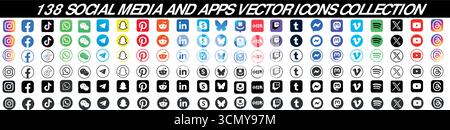 Threads, Instagram, TikTok, X, Facebook, WhatsApp, Twitter, YouTube, Telegramm, Snapchat, Pinterest, Reddit, Messenger, Deezer, Bluesky, Spotify und Stock Vektor