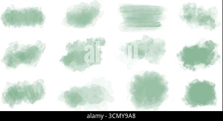Zarte olivfarbene Aquarellflecken. Hellgrüne, strukturierte Pinselstriche unterschiedlicher Formen. Clip-Art mit natürlichen grünen, frischen Elementen. Vektorgrafiken Stock Vektor