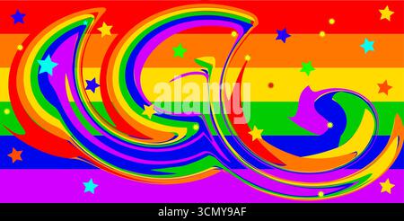 Ein abstrakter magischer Regenbogenhintergrund mit Wirbeln und Sternen. Stockfoto