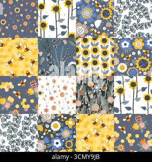 Nahtloser, nahtloser Patchworksteppich mit Sommerblumen, Honigbienen und Sonnenblumen. Rustikales nahtloses Kawaii-Muster. Netter kindlicher Vektor-Hintergrund. Stock Vektor