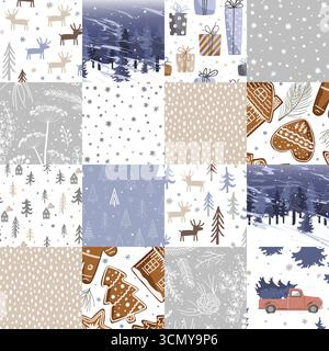 Nahtloser, nahtloser Patchworksteppich mit Sommerblumen, Honigbienen und Sonnenblumen. Rustikales nahtloses Kawaii-Muster. Netter kindlicher Vektor-Hintergrund Stock Vektor