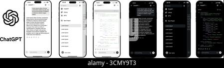 ChatGPT UI-Modelle Mockups Mobile- und Desktop-App-Bildschirme im Hell- und Dunkelmodus Stock Vektor