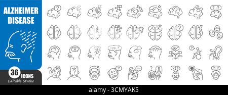 Alzheimer-Krankheit und Demenz-Dünnliniensymbol. Editierbarer Schlaganfall. Vektor . Stock Vektor