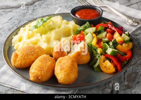 Spanische Croquettes Hühnchen in einer cremigen Bechamelsauce serviert mit Kartoffelpüree, frischem Salat und Tomatensauce in Nahaufnahme auf einem Teller auf dem Tisch. Hori Stockfoto