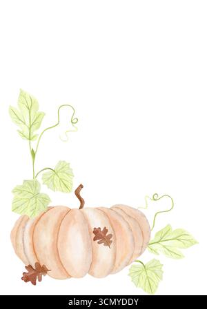 Kürbis mit grünen Weinblättern Herbsteichenblätter isoliert auf weiß. Handgemalte Herbsternte Illustration perfekt für Thanksgiving, Halloween-Karten Stockfoto