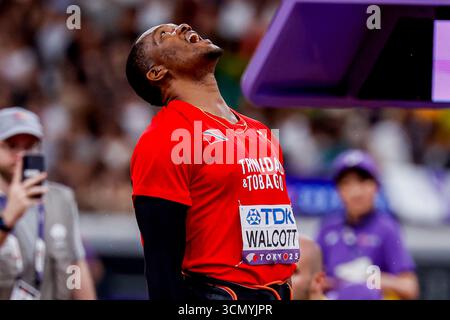 Keshorn Walcott aus Trinidad und Tobago feiert, nachdem er am 18. September 2025 im Japan National Stadium in Tokio, Japan, im Javelin-Wurffinale der Herren während der Leichtathletik-Weltmeisterschaft Tokio 2025 des 6. Tages teilgenommen hat. (Foto: Marcel ter Bals/MTB-Photo/Alamy Live News) Stockfoto