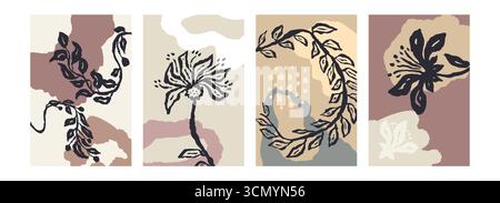 Set aus Poster oder Karte mit Pinsel abstrakte Skizze Blumen und hinterlässt organische Formen Hintergrund. Minimalistisches Blumenbündel Stock Vektor