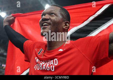 Tokio, Japan. September 2025. Leichtathletik, Weltmeisterschaften, Speerwurf, Finale: Keshorn Walcott aus Trinidad und Tobago feiert nach dem Sieg. Quelle: Oliver Weiken/dpa/Alamy Live News Stockfoto