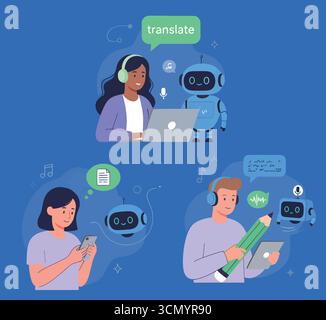 AI-Audioset. Charaktere und Roboter mit künstlicher Intelligenz erzeugen Musik aus Text, konvertieren Sprache in Transkription, übersetzen fremdsprachige Wörter Stock Vektor