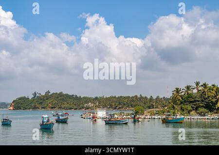 Sri Lanka - Weligama - Fischerboote - Ansammlung von Booten, die in der Nähe der Bucht schwimmen Stockfoto