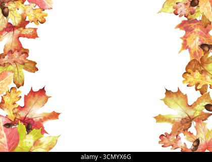 Herbstliche Laubränder mit Ahorn- und Eichenblättern und Eicheln. Clipart für die Herbsternte. Thanksgiving-Dekoration. Handgezeichnete Aquarellillustration für Stockfoto