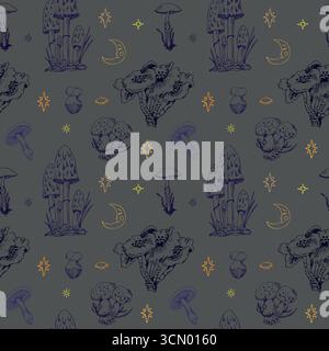 Nahtloses Vektor-Muster mit himmlischen, magischen Pilzen, Anfängen und Mond, mystischen Vibes, dunklem Hintergrund. Handgezeichnet, kritzelnd Stock Vektor
