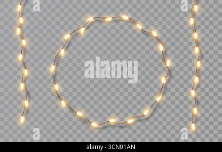 Eine runde Girlande voller Weihnachten, Neujahrsbeleuchtung. Festliche helle Lichter auf herabhängender Kette von gelben Glühbirnen auf transparentem Hintergrund. Vektor Stock Vektor
