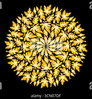 Herbstblätter rund sich wiederholende Ornament Vektor Illustration. Goldene Blätter auf schwarzem Hintergrund. Herbstmandala. Hintergrund mit Herbstelementen für Pri Stock Vektor