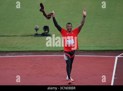 Tokio, Japan. September 2025. Goldmedaillengewinner Keshorn Walcott aus Trinidad und Tobago feiert nach dem Speerwurf der Herren bei den Leichtathletik-Weltmeisterschaften 2025 in Tokio, Japan, 18. September 2025. Quelle: Ju Huanzong/Xinhua/Alamy Live News Stockfoto