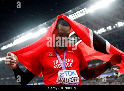 Tokio, Japan. September 2025. Goldmedaillengewinner Keshorn Walcott aus Trinidad und Tobago feiert nach dem Speerwurf der Herren bei den Leichtathletik-Weltmeisterschaften 2025 in Tokio, Japan, 18. September 2025. Quelle: Wang Lili/Xinhua/Alamy Live News Stockfoto
