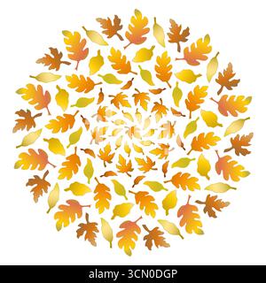 Herbstliche bunte Blätter Vektor-Illustration. Kaleidoskop der Herbstblätter. Großes, komplexes Mandala mit Blumen. Sonniges Boho-Wohndekor. Pflanzen Sie rund hell Stock Vektor