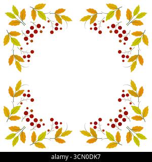 Herbstkranz von rowan mit Platz für Text. Quadratisches Blumenschmuck. Weihnachtsgirlande aus hellen Blättern und roten Beeren auf weißem Hintergrund. Herbstpflanze Stock Vektor